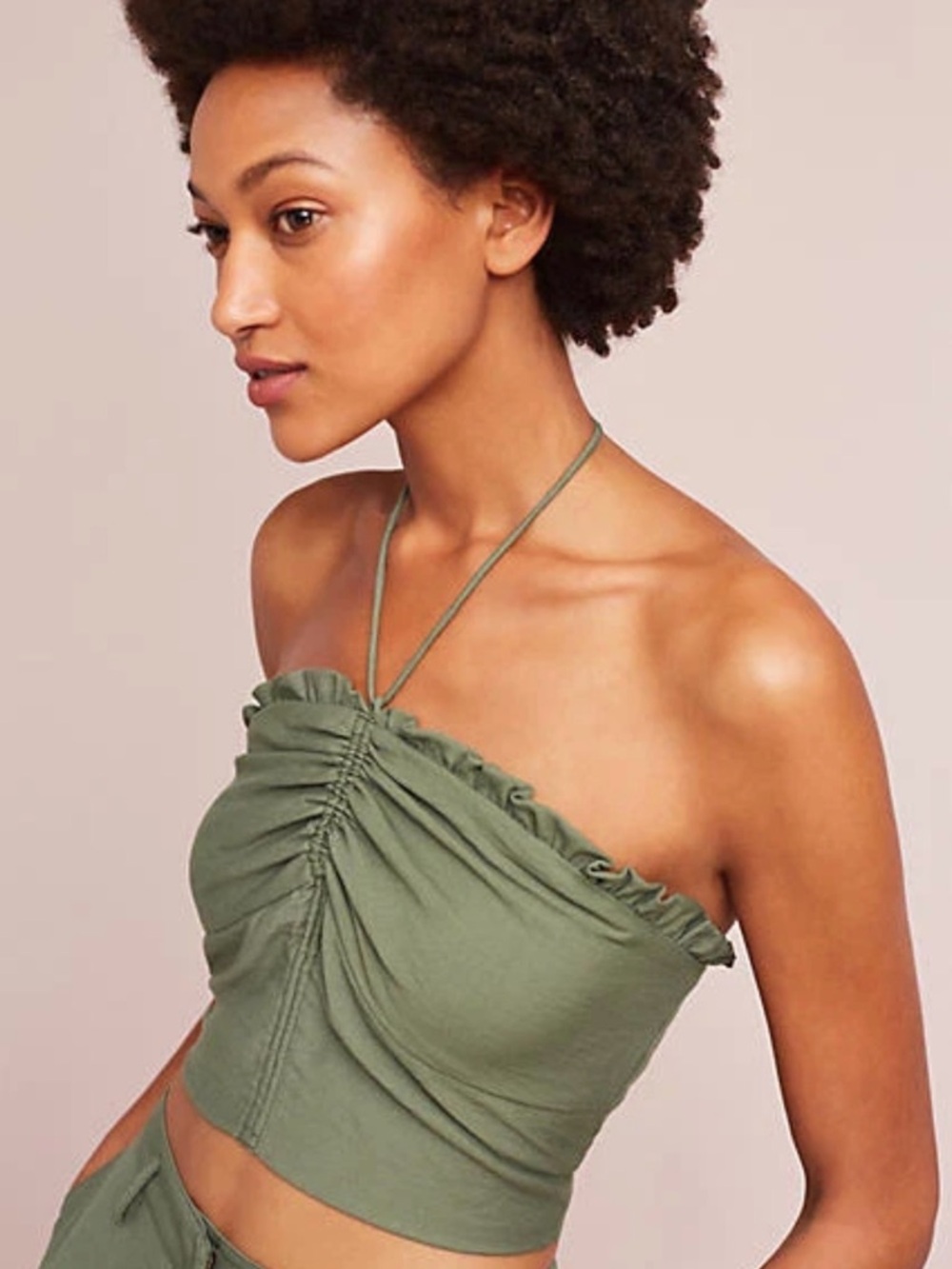 Anthropologie Maeve Olive Green Smocked Top with Ruffle Trim